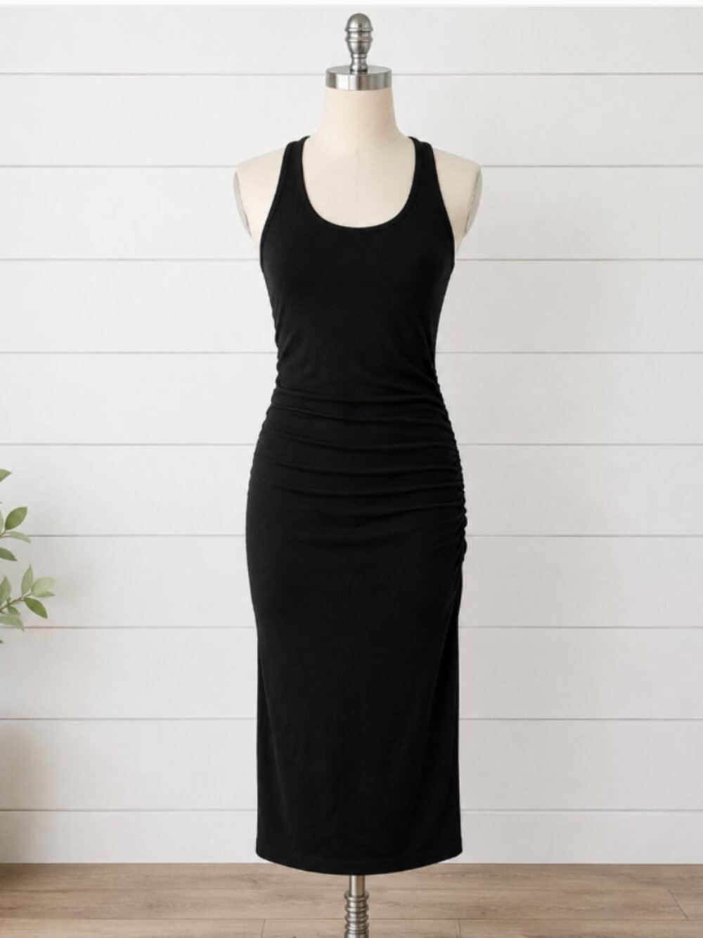 MICHAEL STARS Petite XL Black Ruched Racerback Sleeveless Bodycon Midi Dress NWO